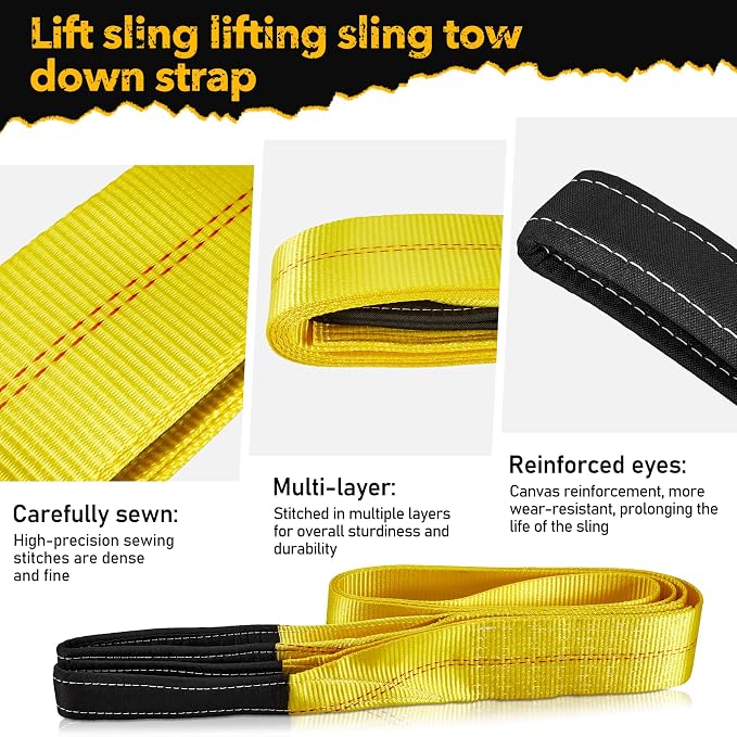 Pindex 2 Pack 3" x 10' Web Lifting Sling 22000 Lbs Breaking Force 3500 Lbs Pulling Forces Lift Sling Straps for Rocks Trees Mowers Tool Boxes in Trailers Tractors Trucks, Yellow