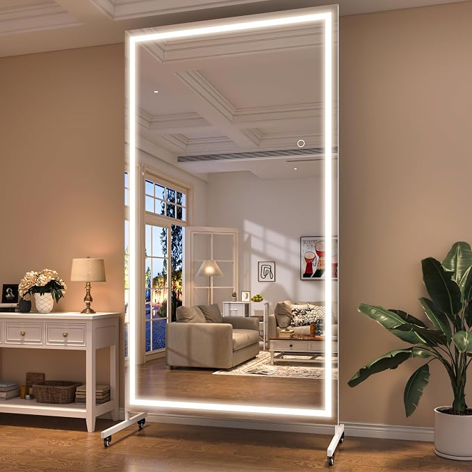 Hasipu 79" x 40" LED Full Length Mirror on Wheels, 360° Swivel, White | 3-color dimmable brightness, tempered glass & metal frame, lockable wheels, sturdy stand, for gym, yoga, studio & bedroom.