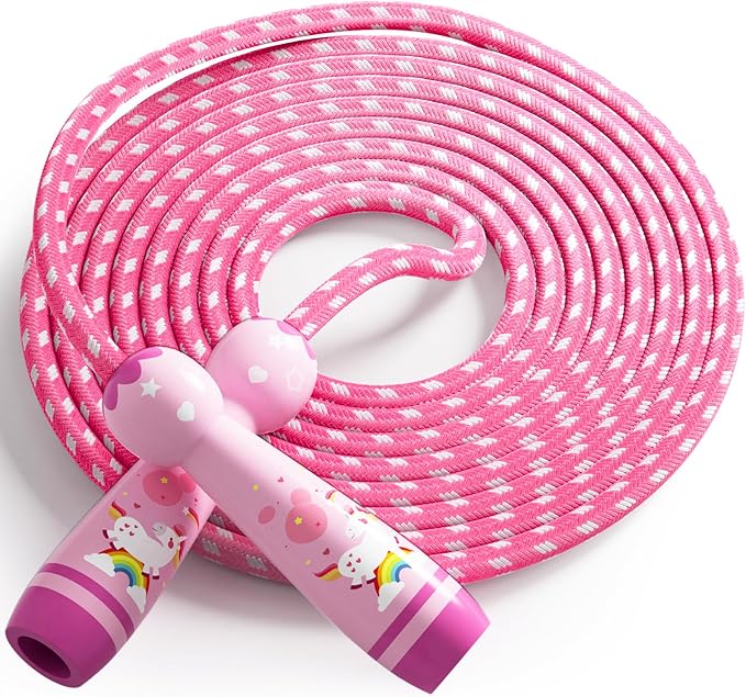 Jump Rope for Kids-Adjustable Cotton Braided Skipping Rope with Wooden Handle for Toddler Fitness Workout Exercise Outdoor Activity