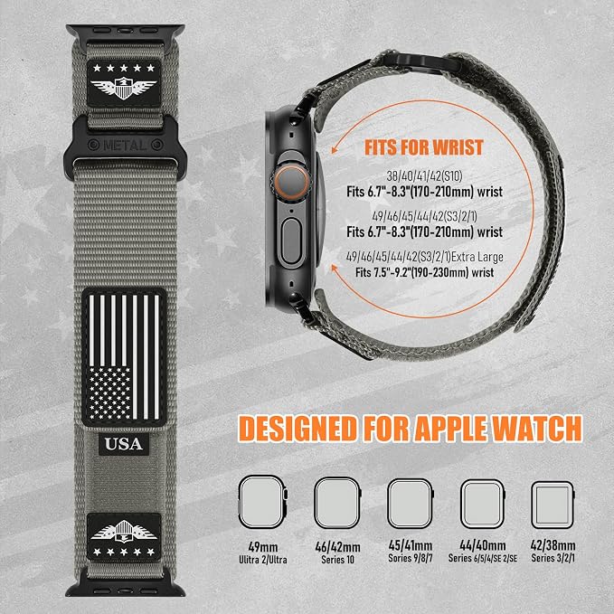 Rugged Nylon for Apple Watch Ultra 2/ Ultra 3 Band Series 11/10/9/8/7/6/5/4/3/SE iWatch Bands Men,Soft Woven Stars-Stripes Flag Wristbands Strap for Apple Watch Ultra 3/2/1 49mm 46mm 45mm 44mm 42mm