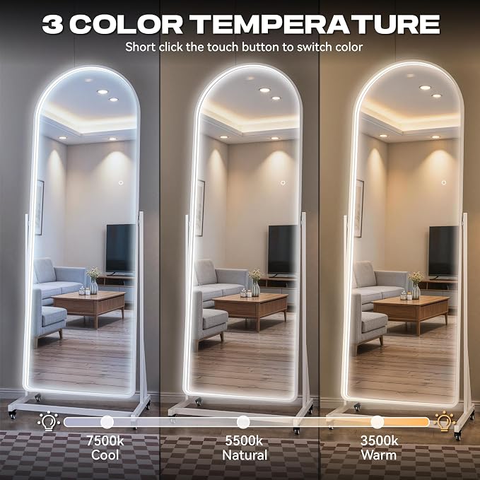 71"x24" Arched LED Full Length Rolling Mirror on Wheels, Tilting Swivel Floor Mirror with Lights, 3 Color Temperatures & Adjustable Brightness for Bedroom, Dressing Room, Home Gym, Home Decor