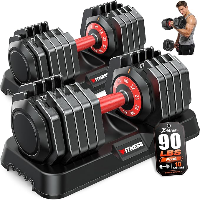 XDDIAS Adjustable Dumbbell Set for Home Gym Workout | 25 to 90 lbs, non-slip knurled grip, compact storage, one-hand adjustable