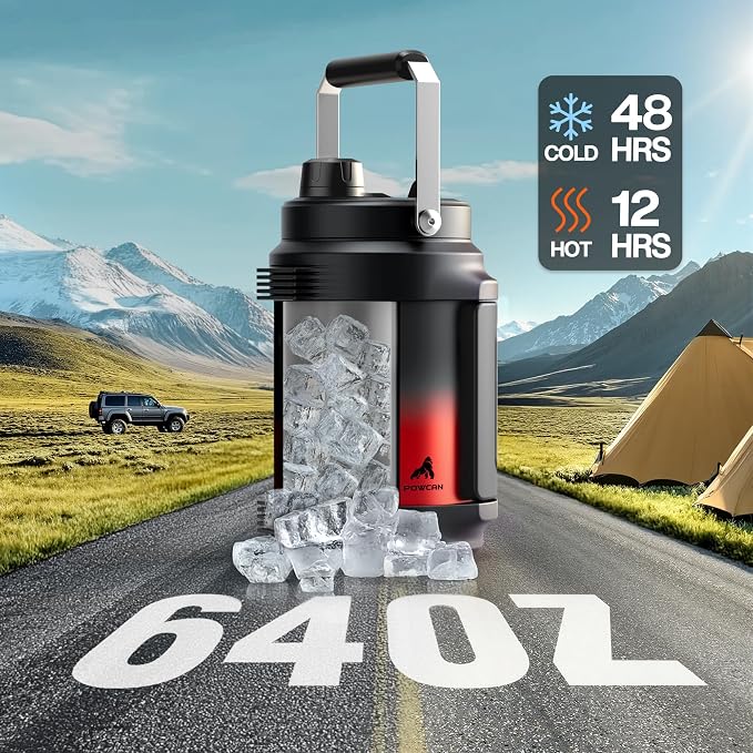 POWCAN 64 oz Insulated Water Jug, 2-in-1 Straw Spout Lid, Dual Handle, Leakproof, Keep Cold 48H, Half Gallon Stainless Steel Water Bottle for Daily, Hydration, Picnic, Travel, Gym, Workout (Ace)