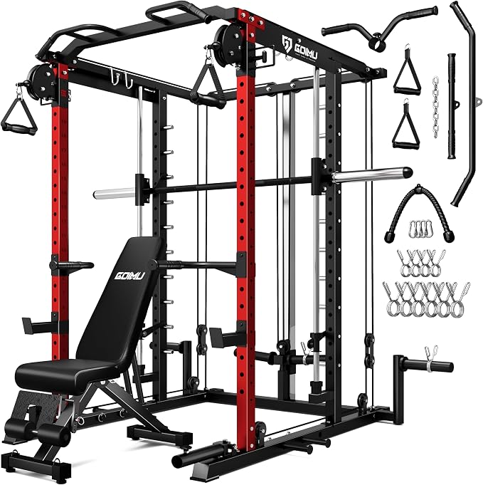 S1-V4 Smith Machine, 2000LBS Power Cage with Cable Crossover System, All-in-One Squat Rack with Smith Bar, Strength Training Equipment for Home Gym