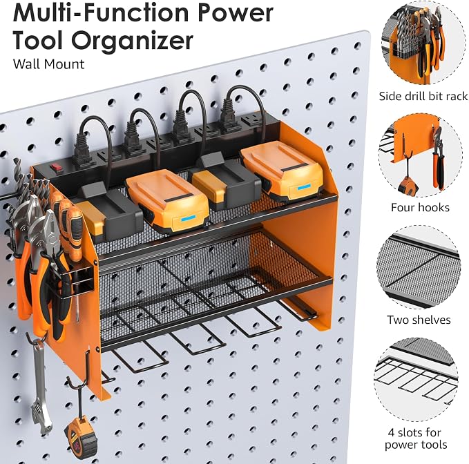 CCCEI Wall Mount Modular Tool Charging Organizer, Orange, 1 Pack, 3 Tier. | Drill Battery Storage Rack with Hooks, Garage Workshop, Gifts for Men, Dad, Husband Anniversary, Birthday, Christmas