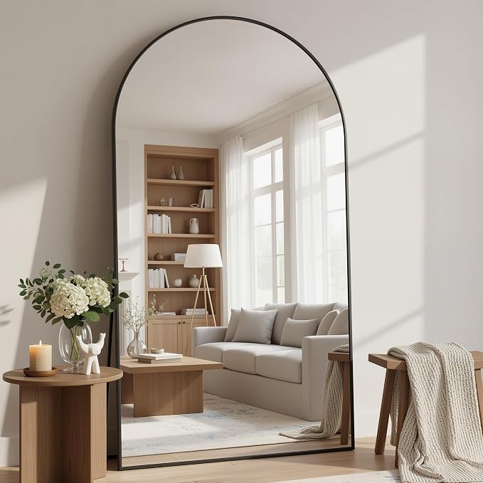 Full Length Mirror, 76"x44" Arched Floor Mirror Freestanding, Floor Standing Full Body Mirror with Stand for Bedroom, Hanging Mounted for Living Room Cloakroom, Black