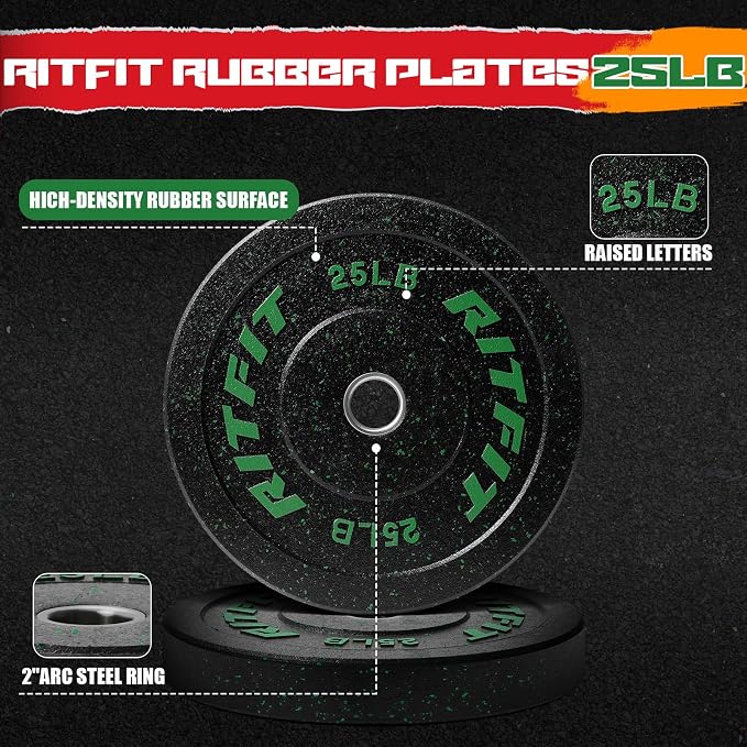 RitFit Bumper Plates, Colored Fleck-Rubber Weight Plates with Steel Insert, 2-inch Olympic Weight Plates for Weight Lifting and Strength Training