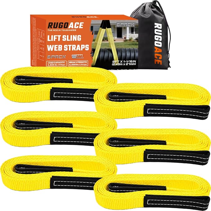Polyester Lift Sling Web Straps 1 in x 8 ft 4000 lbs WLL 6-Pack, RUGOACE | Reinforced wear guard loop ends for engine hoist rigging machinery tree saver lifting. 1333 lbs working load limit