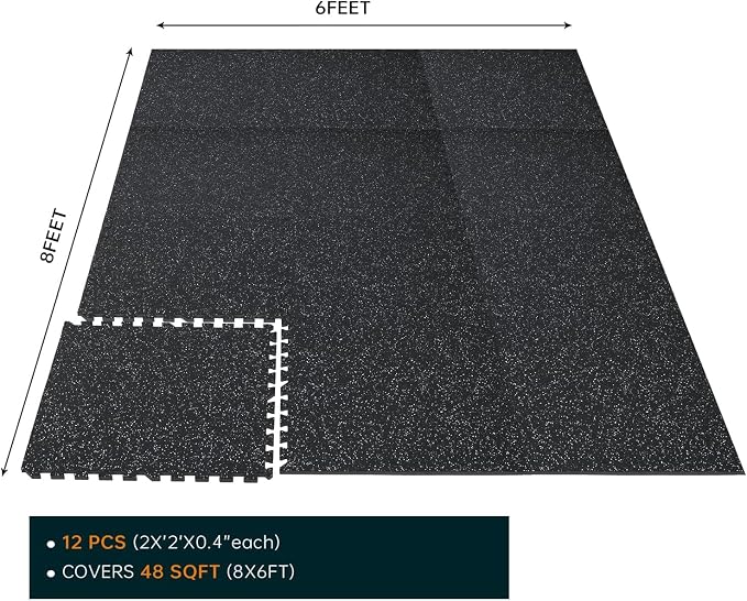 1/2" Thick 48 Sq Ft Rubber Top Gym Flooring, 12 Pcs High Density EVA Foam Exercise Equipment Mats - Interlocking Floor Tiles for Home Gym - 24 x 24in Tile, Black