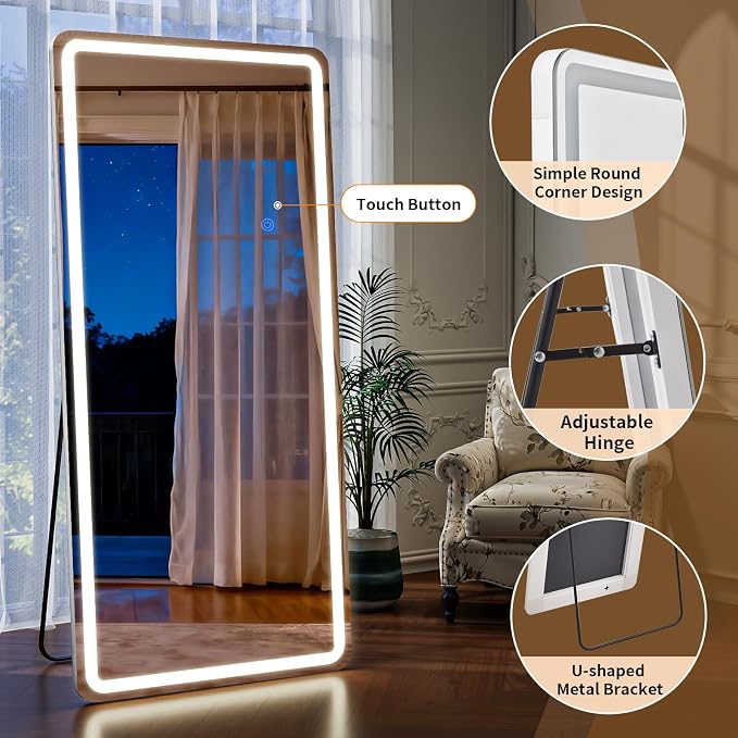 Led Mirror Full Length 26 x 65 in Dimming & 3 Color Lighting | Tempered Glass Full Body Mirrors Standing Leaning or Hanging Full Length Mirrors Lights for Bedroom Dressing Room Rect