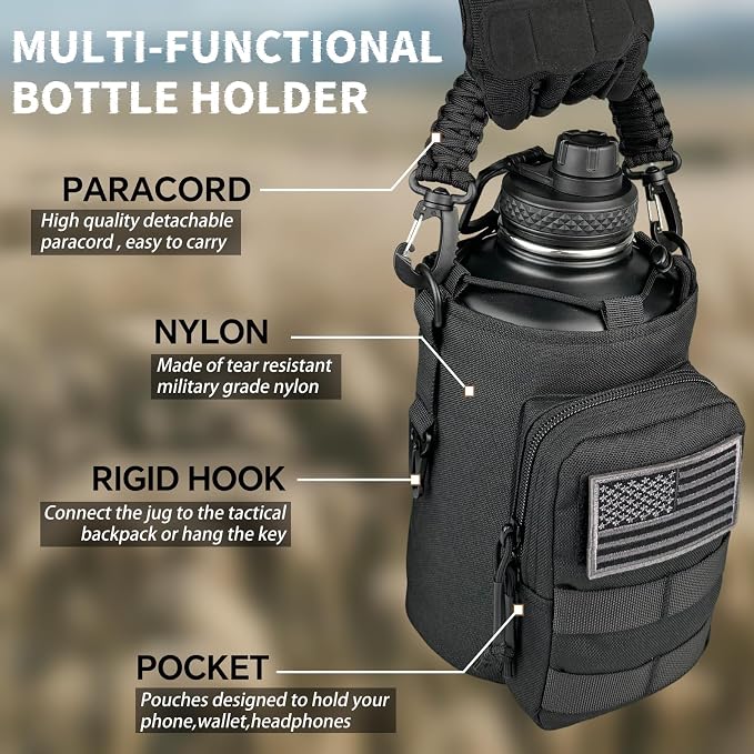 DEFUNX Half Gallon Water Bottle Insulated with Sleeve - Tactical 64 oz Stainless Steel Water Jug with MOLLE Water Bottle Pouch, Gym Water Bottles for Men Hiking Workout (Black)