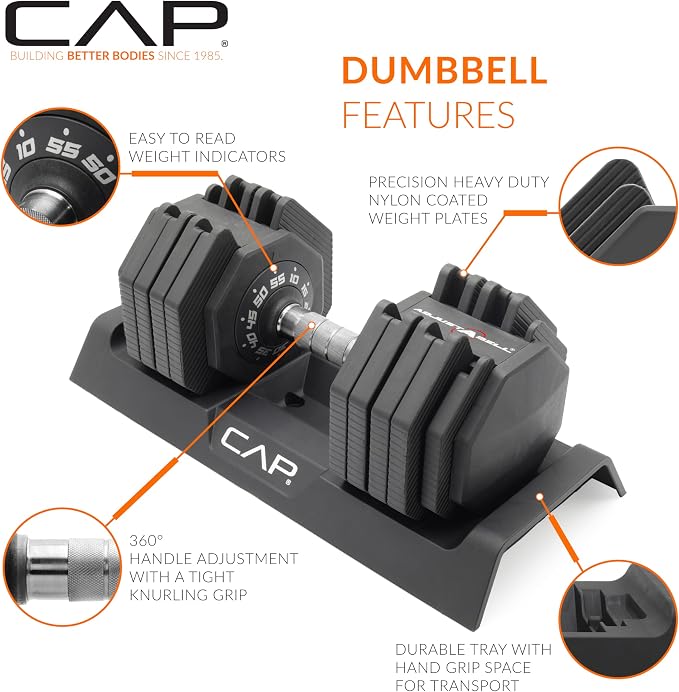 CAP ADJUSTABELL Adjustable Dumbbell Set, Premium Quick Select Adjustable Weights for Strength Training, Singles & Pairs, 12.5 LB, 25 LB & 55 LB, Round & Hex Dumbbells, Multiple Grip Handle Options