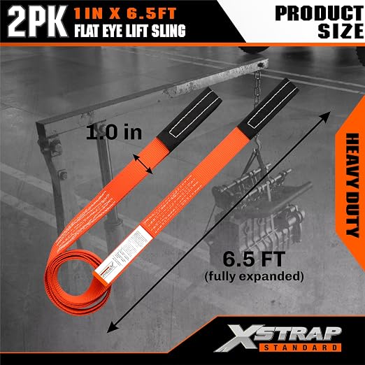 XSTRAP STANDARD 2PK 1"x6.5ft Lifting Sling Straps 2000 lb Vertical Capacity | 1600 lbs Choker / 4000 lbs Basket Capacity, 5:1 Safety Factor Polyester Web Slings for Rigging, Hoist, Tree Stump Removal