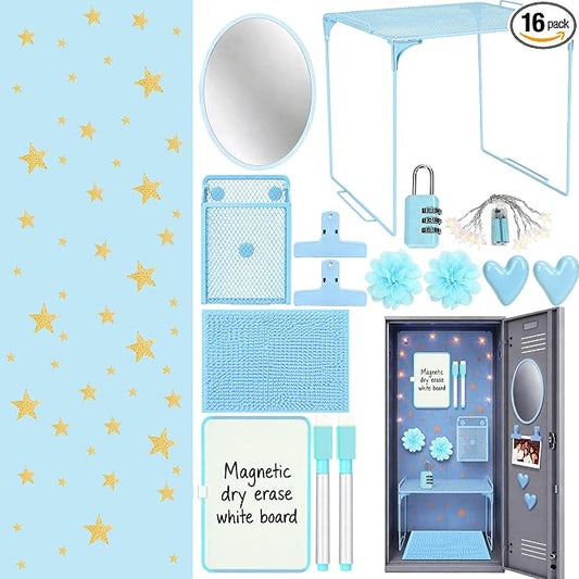 16 PCS Locker Accessories for Girls Magnetic Locker Decoration Kit with Shelf Mirror Whiteboard Pen Holder Rug Wallpaper Lights Lockers Organizer Set for School Dorm Room Office Gym (Blue)