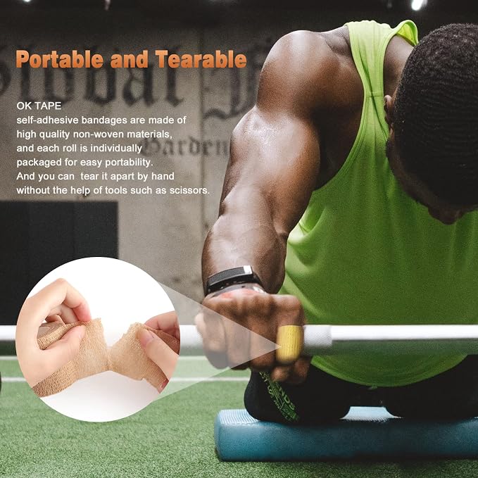 OK TAPE Self Adherent Cohesive Bandages Wrap 12Packs 2" x 5 Yards | Non-Woven Self Adhesive Athletic Sports Wrap Tape Vet Wrap Bandages Tape for Thumb Finger Wrist Ankle (Beige)