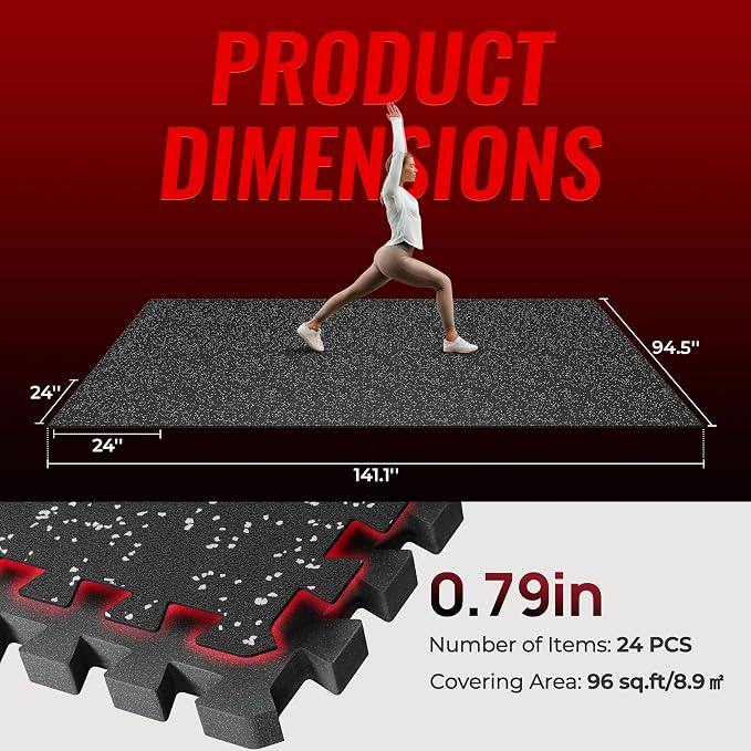 SUPERJARE 0.79'' Extra-Thick Exercise Equipment Mats, 24 Pcs 96 Sq Ft Rubber Top Floor Tiles with High Density EVA Foam, Interlocking Gym Flooring for Home Gym, Workout Mat, Black/Grey