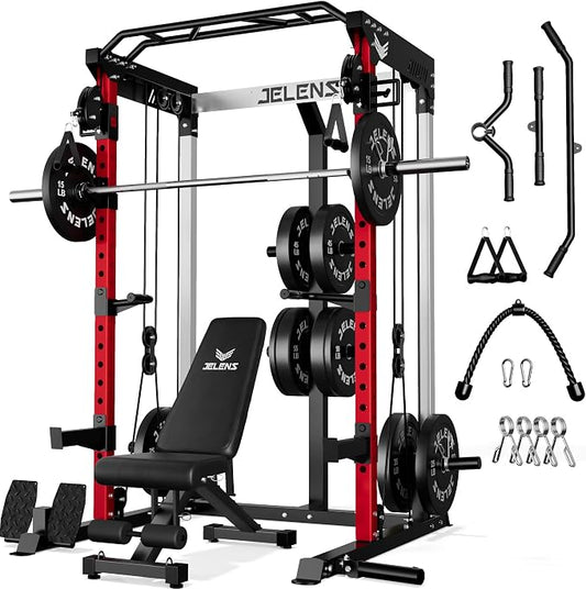 JELENS C21 Power Cage, 2000LBS Multi-Function Power Rack with Independent Dual Pulley System, All-in-One Squat Rack for Cable Crossover, Home Gym Workout Machine