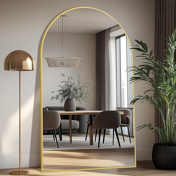 MirrMuse Oversized Arched Full Length Mirror with Stand, 76"X44", Gold | Tempered Glass, Free Standing, for Bedroom Living Room Clothing Store Gym, Aluminum Alloy Frame, Hanging or Leaning