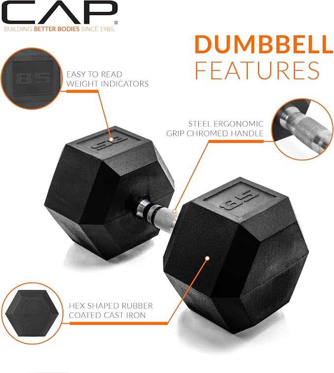 CAP Rubber Coated Dumbbell Weights, Free Weights for Home Gym Strength Training, Anti-Roll Hex Dumbbells with Black, Chrome & Comfort Grip Handles, Singles