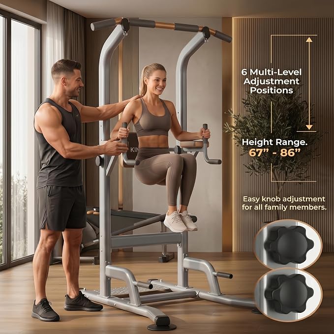 Multi-Function Power Tower Pull Up Bar Station with Pilates Resistance Bands, 450LBS Stable Pull Up Dip Station with Push Up Handles for Home Gym Strength Training Equipment