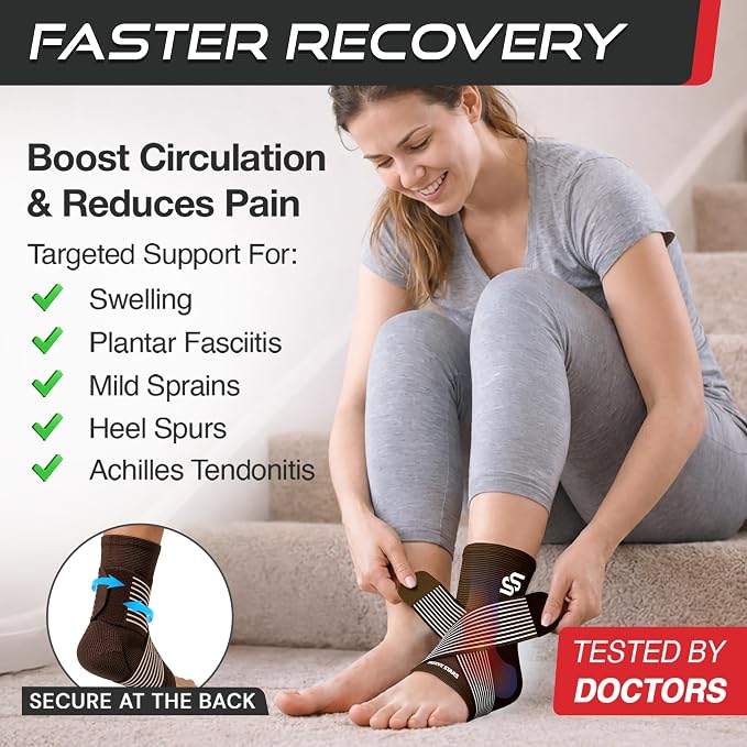 Sleeve Stars Ankle Brace for Women & Men, Ankle Wrap for Sprain, Compression Sleeve for Plantar Fasciitis Relief, Easy Customizable Support: w/ Removable Strap (Single/M:10"-12"/Dark Brown)