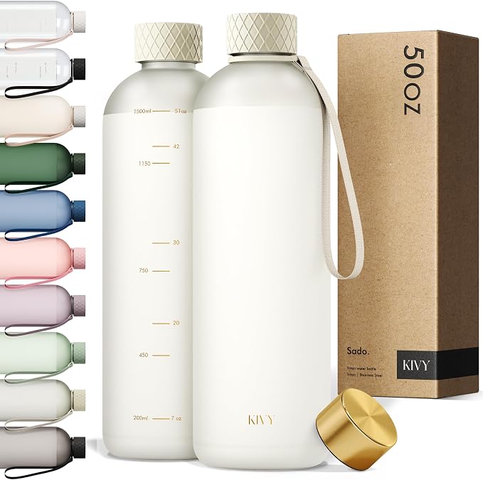 KIVY Large Water Bottle 50oz [Lightweight & Shatterproof] Fits Backpack & Cupholder for Travel, Sports, School - Extra large water bottle no straw - 1.5 Liter water bottles - 50oz Water bottle White