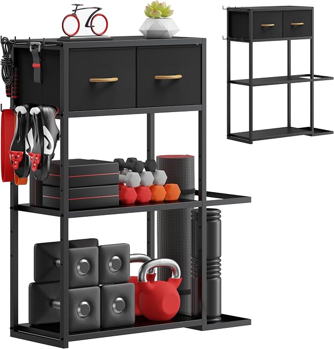 Home Gym Storage Rack, Adjustable 4-Tier with Extra Drawer | Home gym storage rack with 4 adjustable zones, fabric drawer & 150 lb shelves, for dumbbells, mats and workout gears