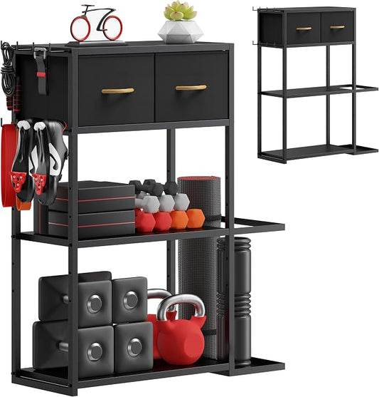 Home Gym Storage Rack, Adjustable 4-Tier with Extra Drawer | Home gym storage rack with 4 adjustable zones, fabric drawer & 150 lb shelves, for dumbbells, mats and workout gears