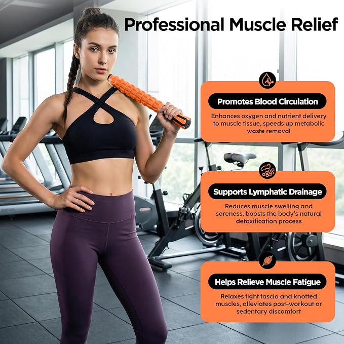 Muscle Roller & Massage Roller Stick for Athletes - Lymphatic Drainage Support, Relieves Muscle Soreness, Cramping & Tightness - Targets Legs, Arms, Back & Calves （Orange Wheel）