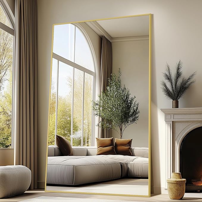 Mirrorons 72"x44" Oversized Full Length Mirror, Floor Standing or Wall Mounted with Hanging Kit, Shatterproof Tempered Glass Mirror for Living Room, Bedroom, Dressing Room, Gym (Gold)