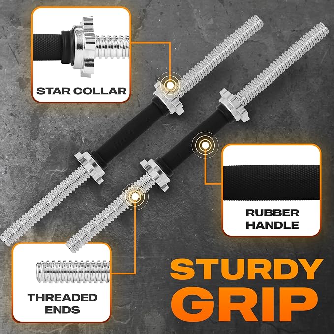 Yes4All Threaded Dumbbell Handles, Adjustable Dumbbell Bar Pair, 14/16/18/24-Inch Sizes, Fits 1" or 1.15" Plates, Non-Slip Grip, Secure Star-Lock Collars