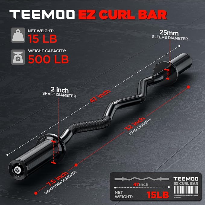 TEEMOO Olympic EZ Curl Barbell Bar, 47" Curl Bar with 2 Spring Collars, Curling bar for Weight Lifting, Squat, Hip Thrusts, Biceps, 500lb Weight Capacity, E-Coat Finish for 2 inch Weight Plates (Black)