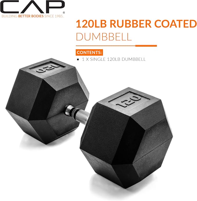 CAP Rubber Coated Dumbbell Weights, Free Weights for Home Gym Strength Training, Anti-Roll Hex Dumbbells with Black, Chrome & Comfort Grip Handles, Singles