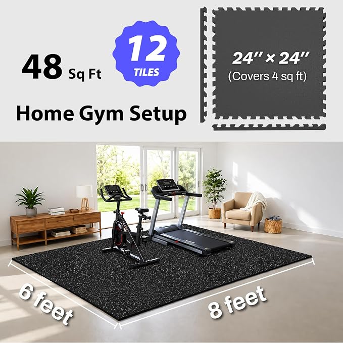 AIRHOP 1" Ultra-Thick 48 Sq Ft Rubber Top Gym Flooring for Home Gym | 12 Tiles, High Density EVA Foam, Waterproof & Non-Slip Rubber, Interlocking Puzzle Mats, Heavy Duty Floor Protection, 24"x24"