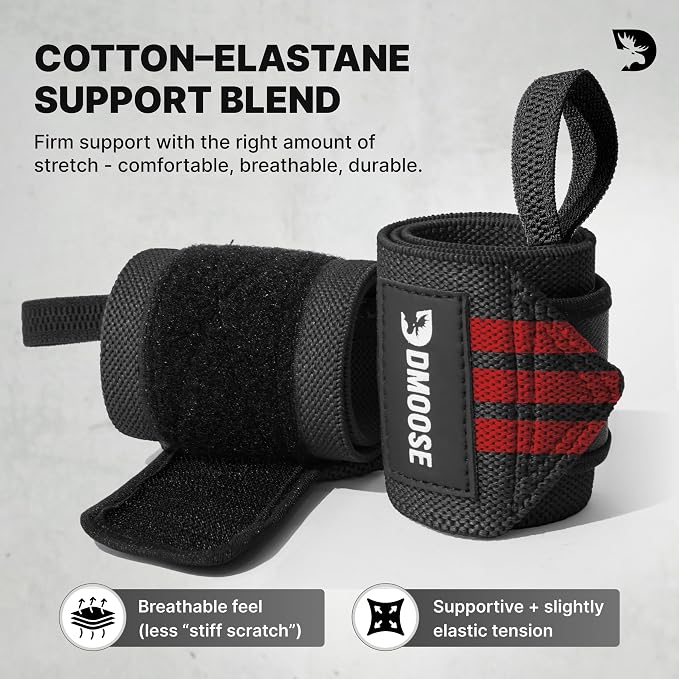DMoose Fitness Wrist Wraps for Weightlifting 18" - Heavy Duty Gym Wrap with Hand Thumb Loop for Support & Pain Relief, USPA Approved Powerlifting, Weight Lifting Wrist Straps for Men & Women Work Out