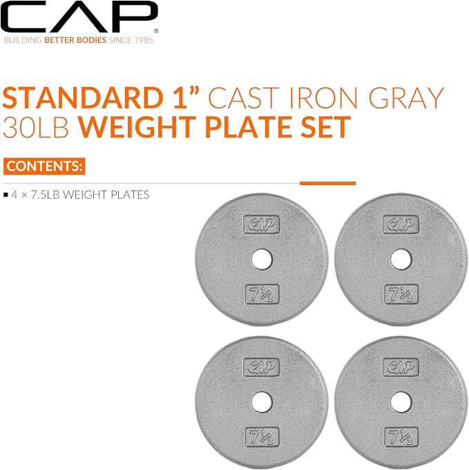 CAP Barbell Standard 1-Inch Cast Iron Weight Plates - Singles & Sets | 1.25-50 lbs | Multiple Options
