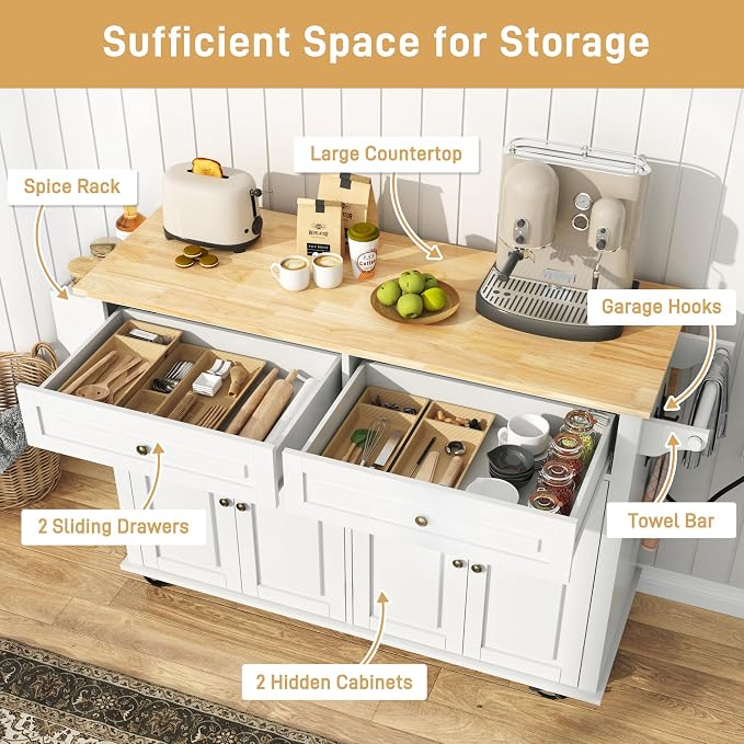 Hlivelood 55" Movable Kitchen Island with Drop Leaf and Power Outlet, Rolling Island Cart w/Storage Cabinet, Island Table on Wheels for Kitchen w/2 Drawers, Spice Rack, Towel Bar, Garage Hook, White