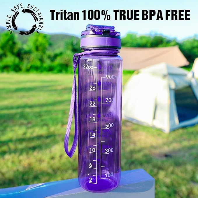 OLDLEY Water Bottle, 32oz Motivational Sports Water Bottle with Time Marker - Times to Drink - Tritan, BPA Free, Wide Mouth Leakproof,Deep Purple