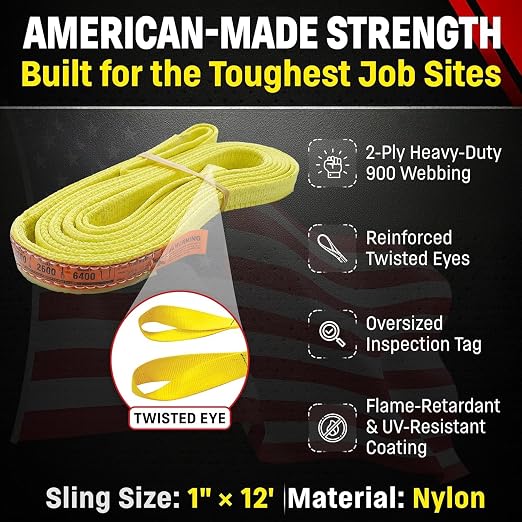 DD Sling 1 Inch x 12 Foot Nylon Lifting Sling – USA Made, 3,200 lb Vertical, 2,600 lb Choker, 6,400 lb Basket – 2-Ply Heavy Duty 900 Webbing, Type 4 Twisted Eye & Eye Rigging Sling, Safety Orange