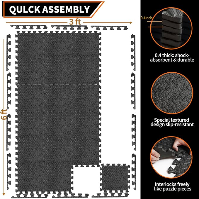 Gym Flooring for Home Gym, 18 PCS Anti-Slip Interlocking Foam Floor Tiles, 12.6"x12.6"x0.4" EVA Exercise Mats, Puzzle Floor Mat For Workout, Yoga, Kids Play Area, Treadmill, Garage