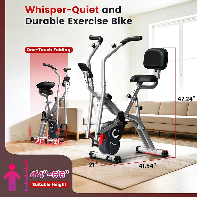 Foldable Elliptical Exercise Bike, 8-Level Magnetic Stationary Bike Home | Quiet Indoor Fitness Bike with Moving Arm Handles & Adjustable Seat, 300LBS Capacity for Cardio and Rehab Training