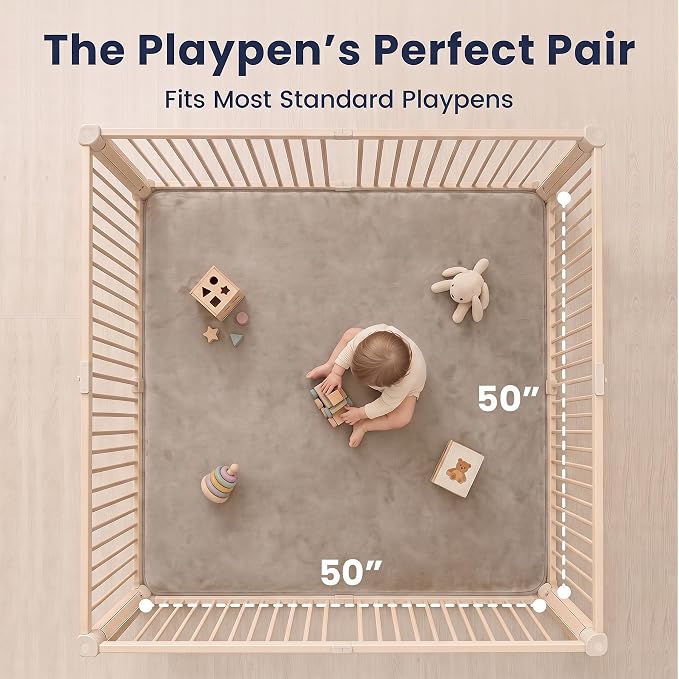 Baby Play Mat for Floor,1.3" Thick Elasti-Foam 50"×50" Playpen Mat for Tummy Time,Water Repellent Soft Coral Velvet for Toddler,Infant,Kids,Non-Slip Backing Safe for Crawling(Beige)