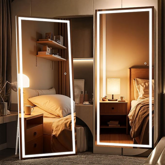 79" x 32" Full Length Mirror with Lights, Large LED Lighted Floor Standing Body Mirror, Dimmable & 3 Color Lighting for Bedroom, Cloakroom, Dressing Room, Tempered Glass, White Frame
