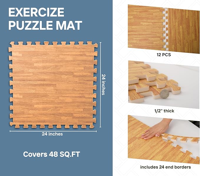 Art3d 48 Sq.Ft Eva Puzzle Exercise Mats, 24"x24" x 1/2" Thick Foam Interlocking Tiles for Flooring, Workout, Gym Equipments, Pack of 12, Teak