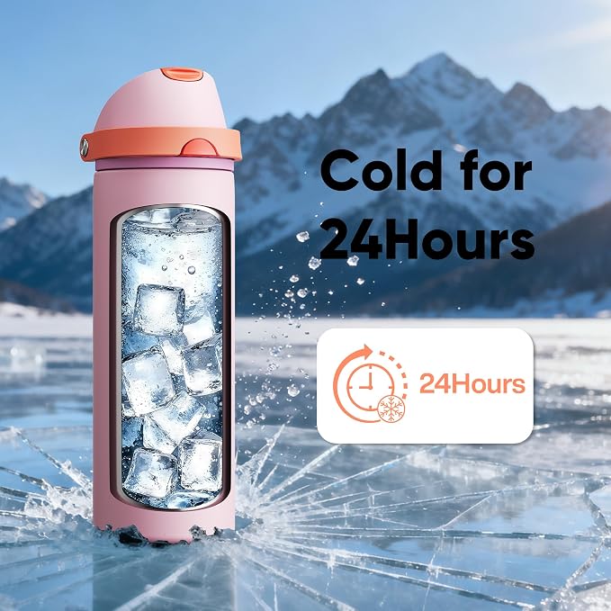 Insulated Water Bottle with Straw - Encool Stainless Steel Water Bottle with Push Button Lid, Leak-Proof & BPA-Free, Keeps Cold for 24 Hours for Sports, Travel, Gym (24 oz, Lily-Red)