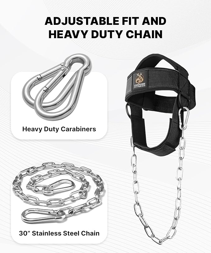 DMoose Fitness Neck Harness for Weight Lifting - Soft Padded Head & Chin Strap with 30" Heavy Duty Steel Chain - Neck Exerciser, Trainer & Strengthener to Support Injury Recovery and Intense Workouts