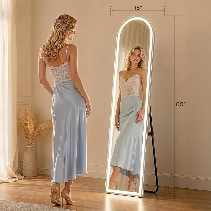 Arched Full Length Mirror with LED Lights, 60"x16" LED Floor Mirror with Stand, Body Floor Mirrors with Dimming & 3 Color Lighting, Wall Mounted LED Mirrors for Bedroom, Dressing Room, Cloakroom