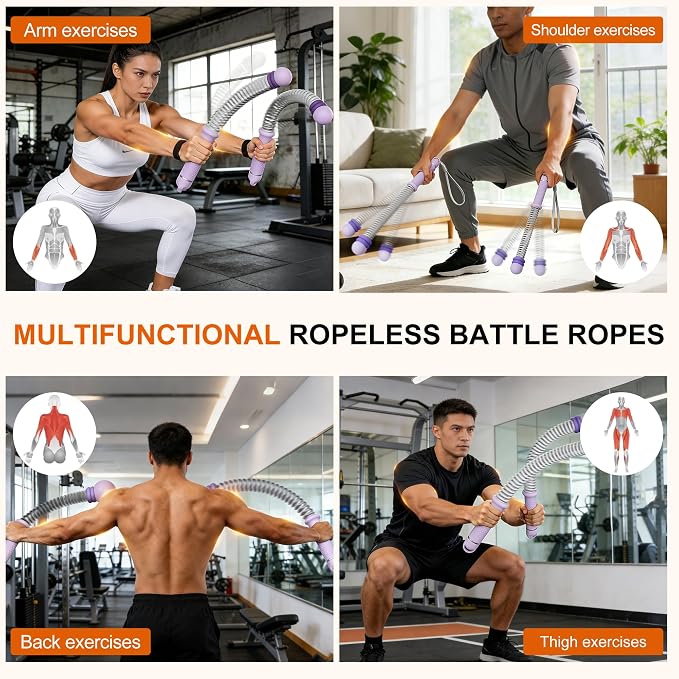 Adjustable Ropeless Battle Ropes, Portable Cordless Battle Ropes for Home Gym, Workout Equipment Exercise Rope for Low-Impact Workout, Strength & HIIT, for Men & Women (Purple)