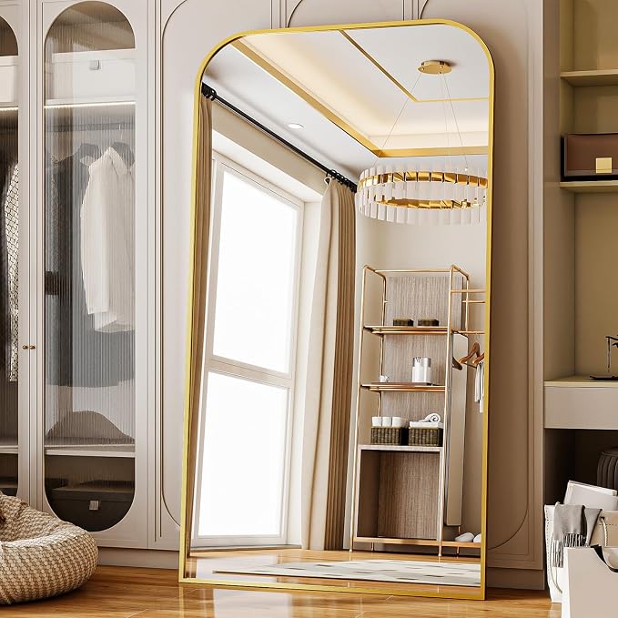 Oversized Full Length Mirror 81"x41" Arched Floor Standing Mirror | Large Full Body Mirrors with Stand - with Aluminum Frame for Bedroom Living Room, Gold