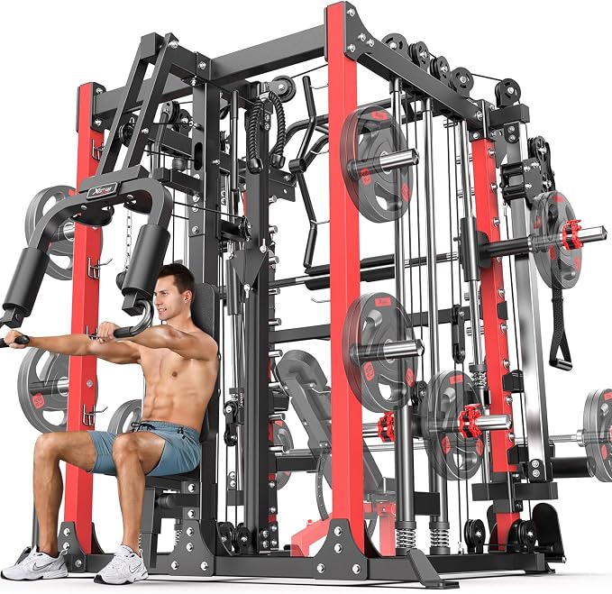 Smith Machine，Multi-Function Squat Rack Power Cage with Cable Crossover System,with Optional Weight Bench, Olympic Barbell Weight Set, for Home Gym
